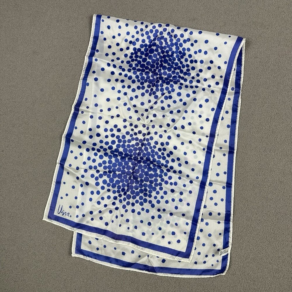 Vtg Scarves Vera Neumann 42x13.5” Rectangle Acetate Blue Polka Dot White Japan